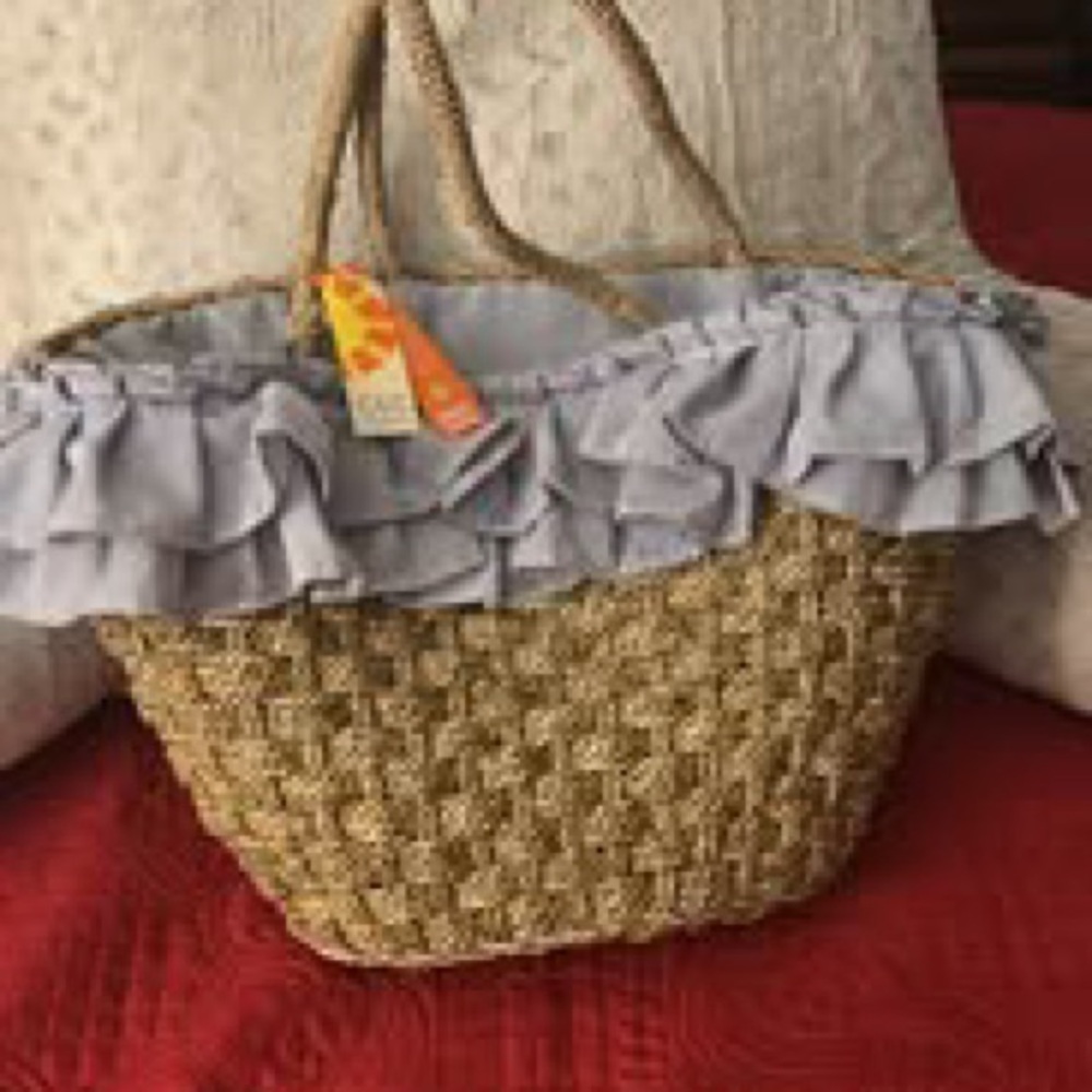 Woven Straw Tote Bag with Ruffle Trim